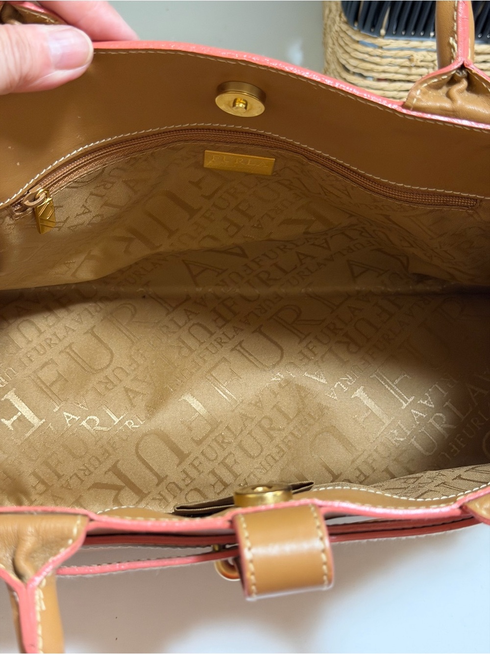 Furla Classic Tan Leather Tote Bag, tan with pink accent, excellent condition - Picture 13 of 15